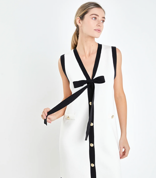 Knit Midi Dress with Ribbon Tie